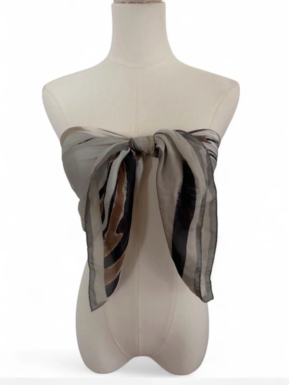 Neutral Striped Silk Scarf Top - Multitone Gray, Black & Brown